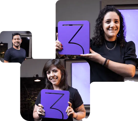 Two PM3 instructors smiling and holding the purple PM3 logo